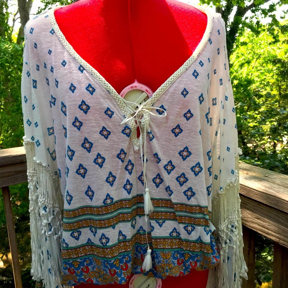 Free people crocheted sleeves tie front